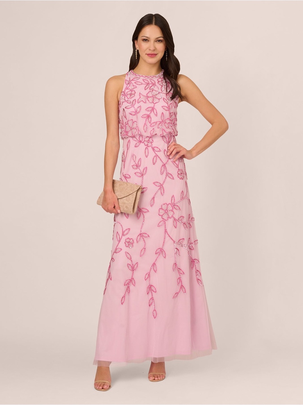 NWT Adrianna Papell Beaded Floral Blush Pink Gown Size 10